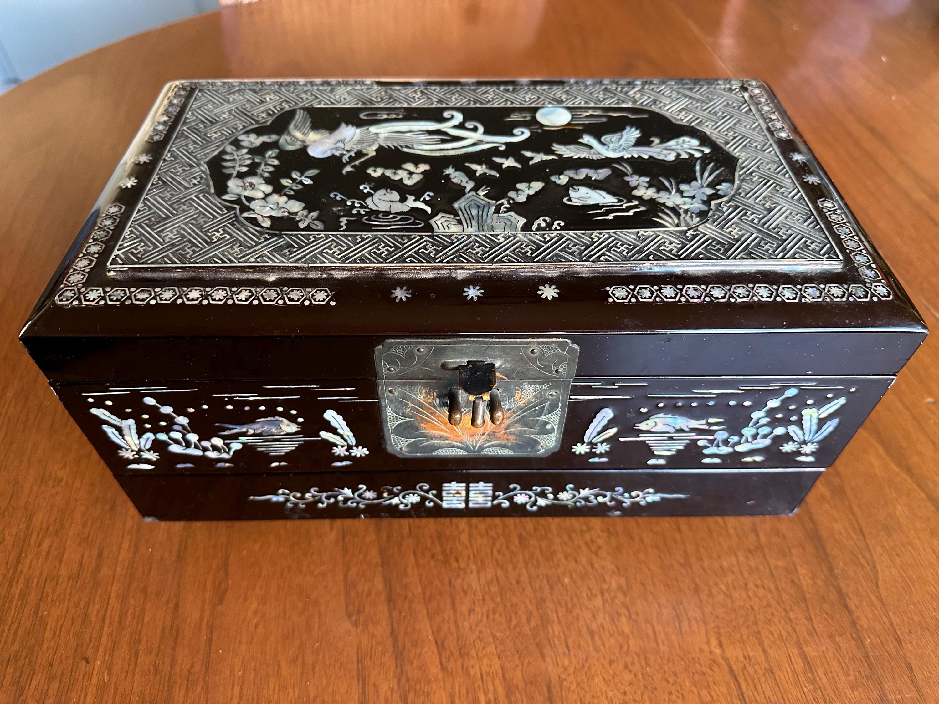 Vintage Handmade Korean Black Lacquered Wood Mother of Pearl Inlay