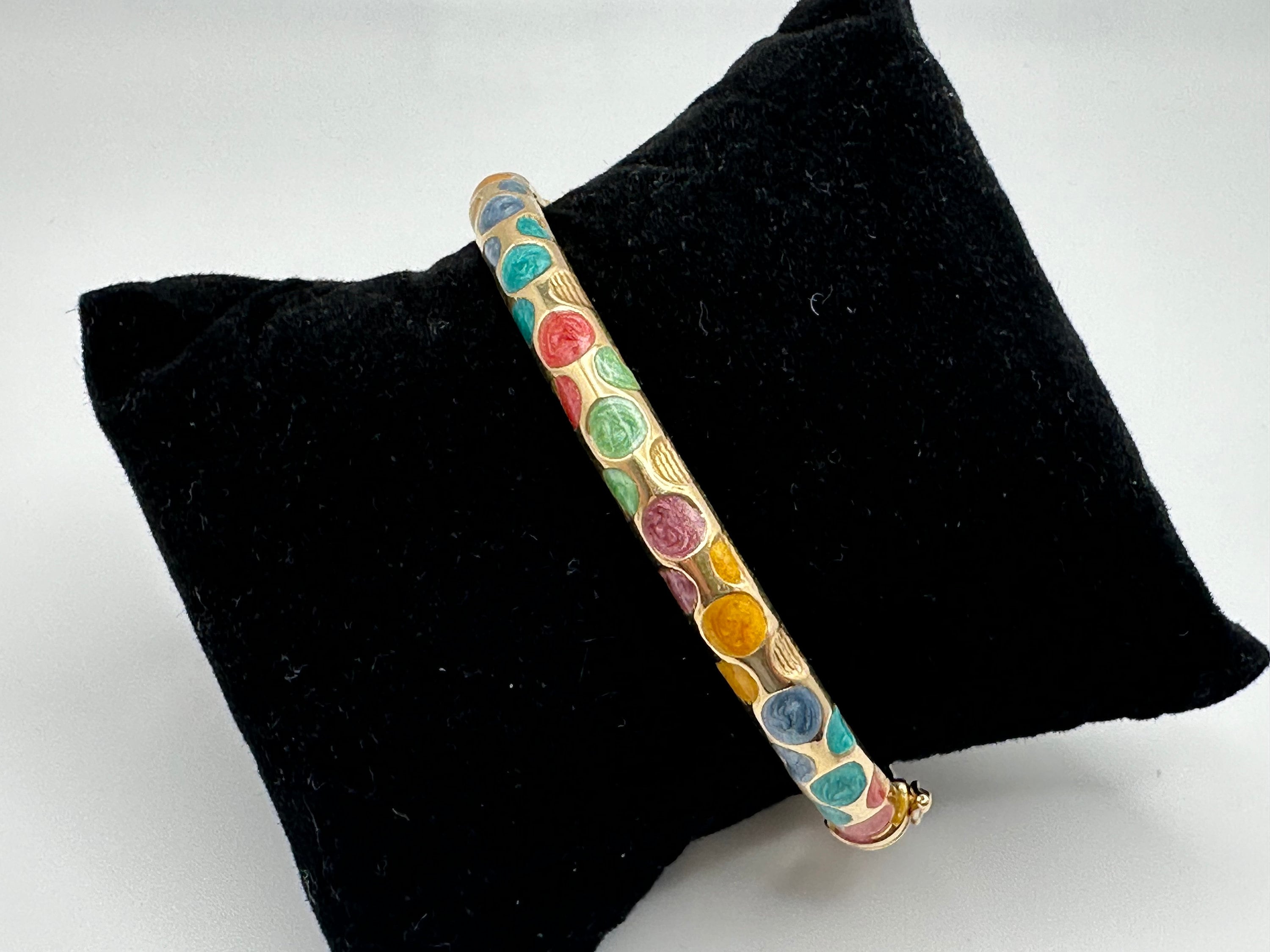 Unique Vintage Multicolored Italian Enameled Polka Dot 14k Gold Bangle Bracelet