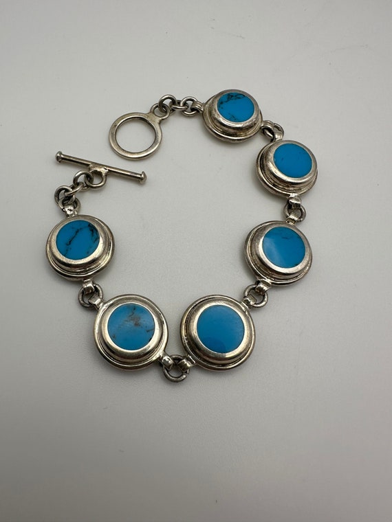 Mexico Sterling Silver .925 13.9mm Circle Turquoise Link Bracelet