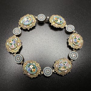 Vintage or Antique Sterling Silver .925 Italian Micro Mosaic Floral Design 7&quot; Bracelet