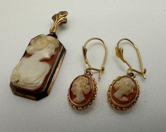 Vintage 14K Yellow Gold Cameo Pendant & Earring Set