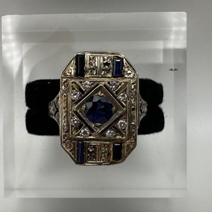 Art Deco 18k Yellow Gold Diamond Sapphire Ring