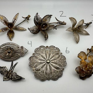 Choice of Silver 800-925 Filigree Vintage Brooches - Lily, Rose, Geometric, Dove Bird
