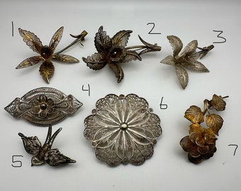 Choice of Silver 800-925 Filigree Vintage Brooches - Lily, Rose, Geometric, Dove Bird