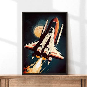 Puede incluir: Una nave espacial blanca y naranja con una aleta de cola roja vuela por el espacio. La nave espacial deja un rastro de fuego detrás de ella. Una gran luna amarilla es visible en el fondo.