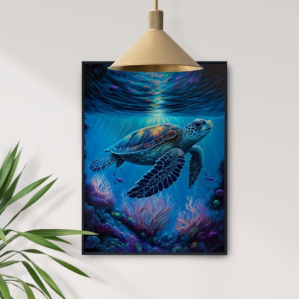 Blue Sea Turtle Wall Art, Coastal Wall Art, Sea Turtle Decor, Turtle Gifts, Above Bed Art, Digital Download Print