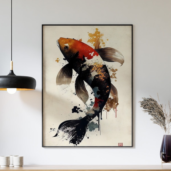 Japanese Koi Fish Painting, Vintage Japanese Wall Decor, Fish Painting, Japanese Koi Poster, Beautiful Koi Fish Art Print, Digital Download