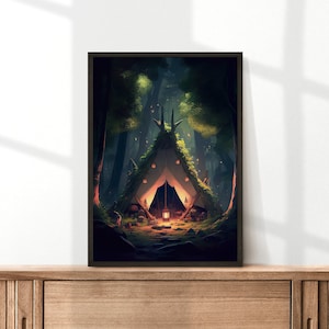Verzauberter Wald Poster, Zelt im Wald, Kinderzimmer Wandkunst, Camping Poster Kunst, Ghibli Wanddekor, digitaler Download, über dem Bett Poster