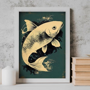 Vintage Koi Fish Painting, Japanese Koi Fish Wall Art, Japanese Wall Art, Fish Painting, Japanese Koi Poster, Fish Print, Digital Download