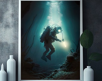 Deep Sea Diver Art Print: Cave Diving Wall Decor (Digital Download)