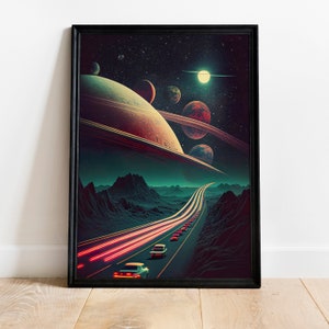 Space Highway Wall Art, Retro Space Vintage Art, Sci-Fi Poster, Surreal Art, Retro Art, Cosmic Art, Digital Download Printable