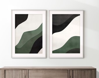 Emerald Green Abstract Art Prints: Modern Minimalist Decor (Set of 2) (Digital Download)