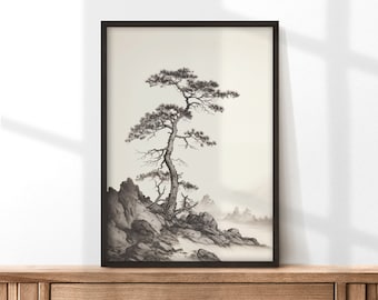 May include: A black and white illustration of a lone tree growing on a rocky cliff. The tree has a thick trunk and branches that reach up towards the sky. The rocks are jagged and uneven, and the background is a soft, hazy gray.