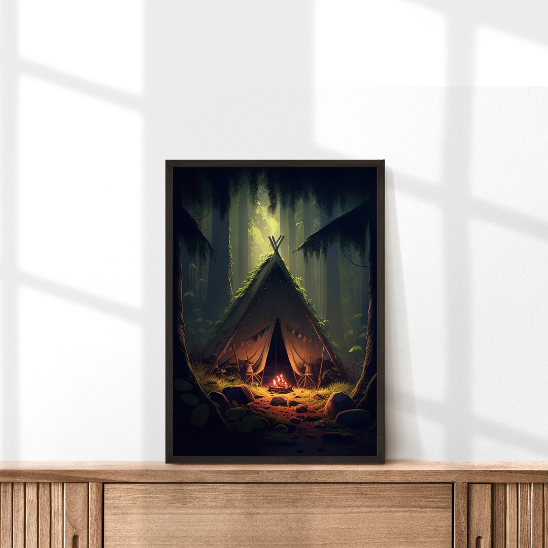 Campfire Art, Tent in a Forest, Camping Wall Art, Kids Room Wall Decor, Enchanted Forest Wall
