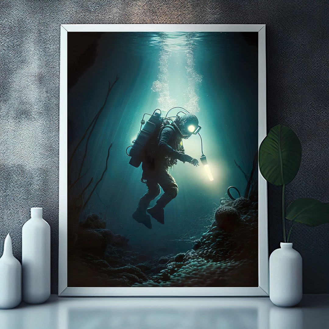Deep Diving Wall Art, Deep Sea Diver, Diving Art, Diving Gifts, Cave