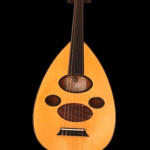 May include: A traditional oud, a stringed musical instrument, with a wooden body and a long neck. The oud has a warm, natural wood finish and intricate sound holes.