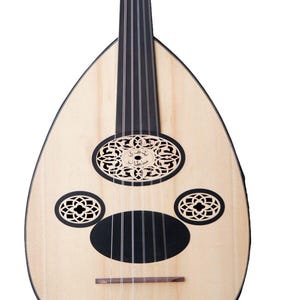 May include: A light wood oud with a black and white patterned sound hole and a black neck with strings. The oud is a traditional Middle Eastern stringed instrument.