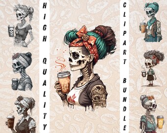 May include: A digital clipart bundle of five illustrations featuring sugar skull characters with coffee cups. The characters are dressed in various styles, including a blue and white dress, a red and black dress, and a black and white dress. The background is a light brown with a coffee bean pattern.