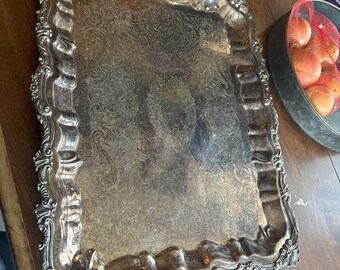 1960s  Vintage Silver-Plated Copper Tray: Intricate Detailing and Patina Finish