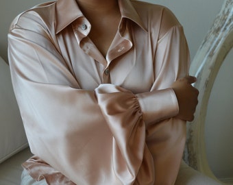 Rose Gold Silk Shirt w/ Black Pearl Buttons, Gender Neutral