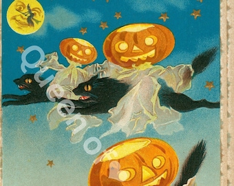 May include: A vintage Halloween postcard featuring three black cats flying through the night sky with jack-o'-lantern heads. The moon is in the upper left corner with a witch flying on a broomstick. The text reads "A Thrilling Hallowe'en".