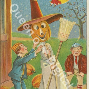 Digital Download Halloween Vintage Postcard witch Broom