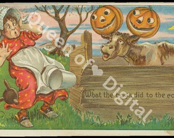 Digital Download Vintage Halloween Postkarte Bauernhof Jackolantern Humor