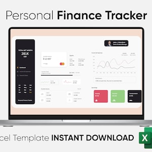 May include: A laptop screen displaying a personal finance tracker spreadsheet with charts and graphs. The spreadsheet shows a total net worth of £281,000 and a current balance of £12,497. The spreadsheet also includes a section for income and expenses, assets, and spending.