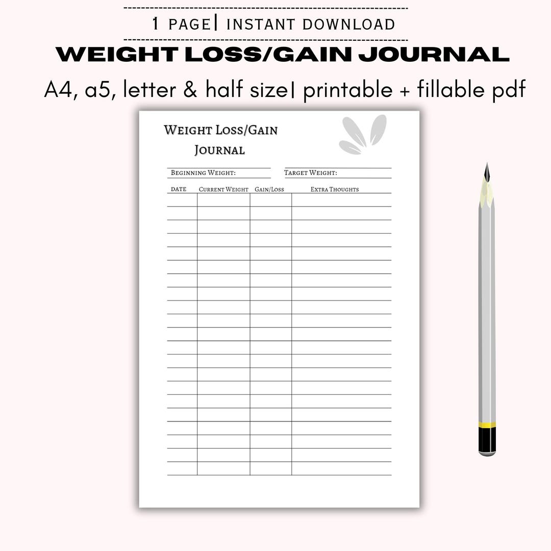 Printable Weight Tracker PDF Fillable Fitness Journal for Weight Loss ...