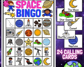 Space BINGO Game - Astronauts, Planets, Outer Space, Rocket Ships- Party Game- 30 Bingo Boards and 24 Calling Cards