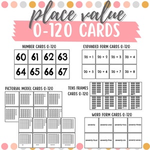 May include: A set of printable place value cards for numbers 0-120. The cards include number cards, expanded form cards, pictorial model cards, tens frames cards, and word form cards.