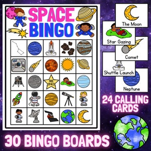 Juego de BINGO espacial: astronautas, planetas, espacio exterior, naves espaciales, juego de fiesta, 30 tableros de bingo y 24 tarjetas telefónicas
