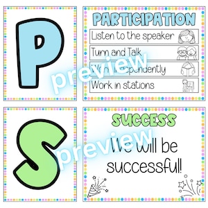 May include: Four colorful educational posters. One poster features a large blue letter "P". Another poster says "PARTICIPATION" with instructions. A third poster has a large green letter "S". The last poster says "SUCCESS" and "Will be successful!"