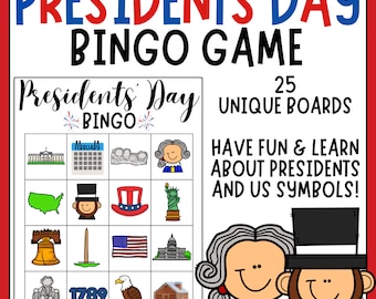 Presidents Day & US Symbols BINGO Game- 25 Boards and Calling Cards - Learn about the presidents and American Symbols with this fun game!
