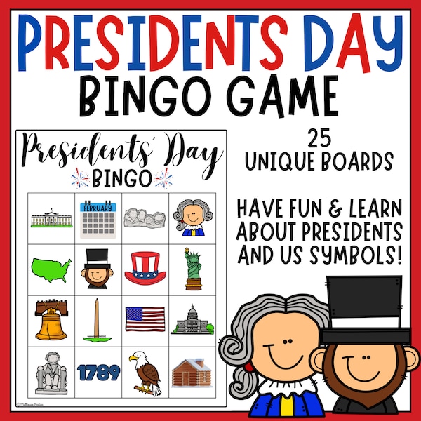 Presidents Day & US Symbols BINGO Game- 25 Boards and Calling Cards - Learn about the presidents and American Symbols with this fun game!