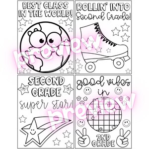 May include: Four black and white illustrations with text and line drawings. The top left reads "BEST CLASS IN THE WORLD!" with a globe. The top right reads "ROLLIN' INTO Second Grade!" with a roller skate. The bottom left reads "SECOND GRADE super star!" with a shooting star. The bottom right reads "good vibes in 2ND GRADE" with a disco ball.