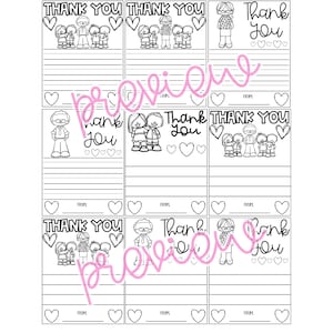 May include: Black and white thank you cards with illustrations of people and hearts. Each card has the words "Thank You" at the top, with space for a message and a "From" line.