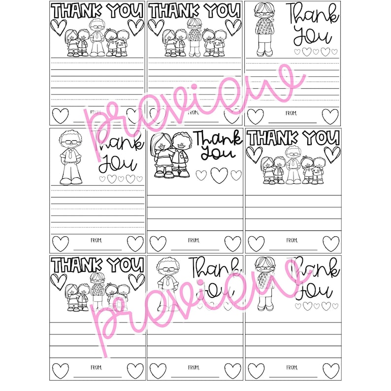 May include: Black and white thank you cards with illustrations of people and hearts. Each card has the words "Thank You" at the top, with space for a message and a "From" line.