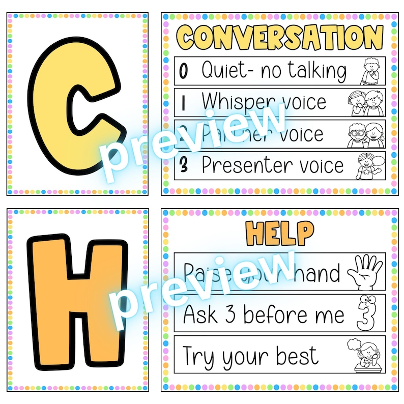 May include: Educational classroom posters with the letters "C" and "H" in yellow and black. The "Conversation" poster details voice levels, and the "Help" poster provides guidance on seeking assistance. Both posters have colorful borders.