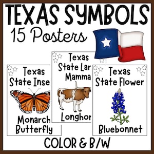 Pósteres de Símbolos de Texas, Color y Blanco/Negro - Go Texan Day - Colorear