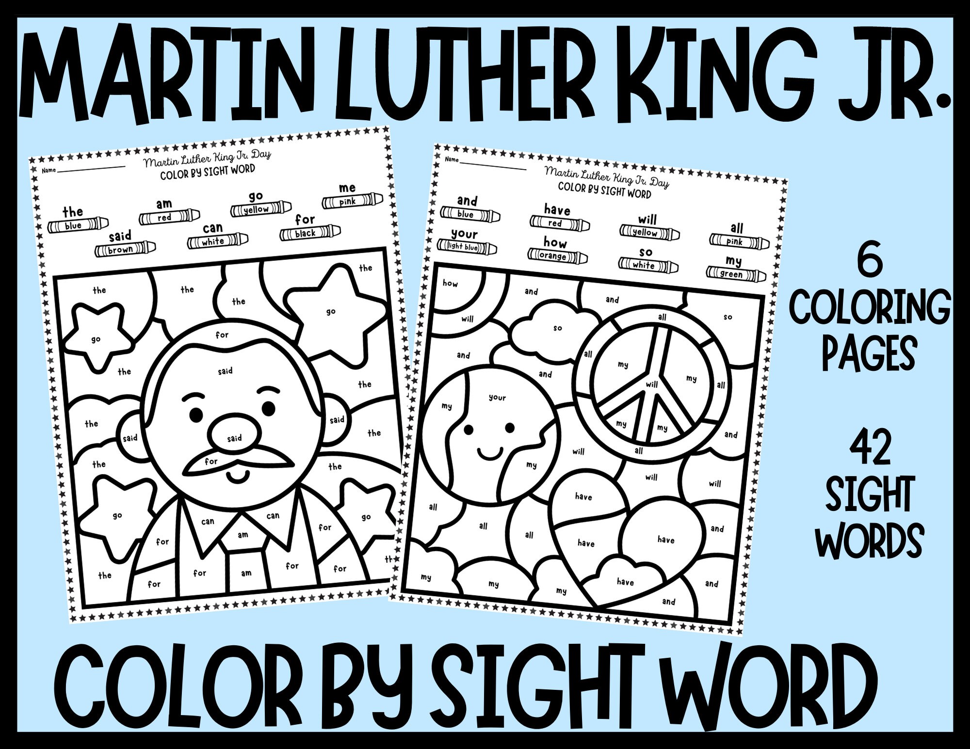 MLK Day Color By Sight Word: 6 Coloring Pages (42 Sight Words)