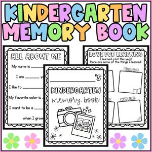 Puede incluir: Páginas imprimibles en blanco y negro para un libro de recuerdos de jardín de infantes con una cámara, una foto de dos niños y el texto "Kindergarten memory book". Las páginas incluyen indicaciones para que los estudiantes escriban sobre sí mismos y sus experiencias de aprendizaje.