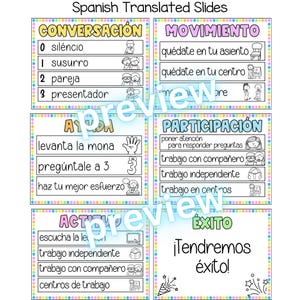 May include: A set of colorful Spanish classroom slides with titles like 'Conversation' and 'Movement'. Each slide features text and simple illustrations, including phrases like 'Raise your hand' and 'Independent work'. The slides are designed for educational use.