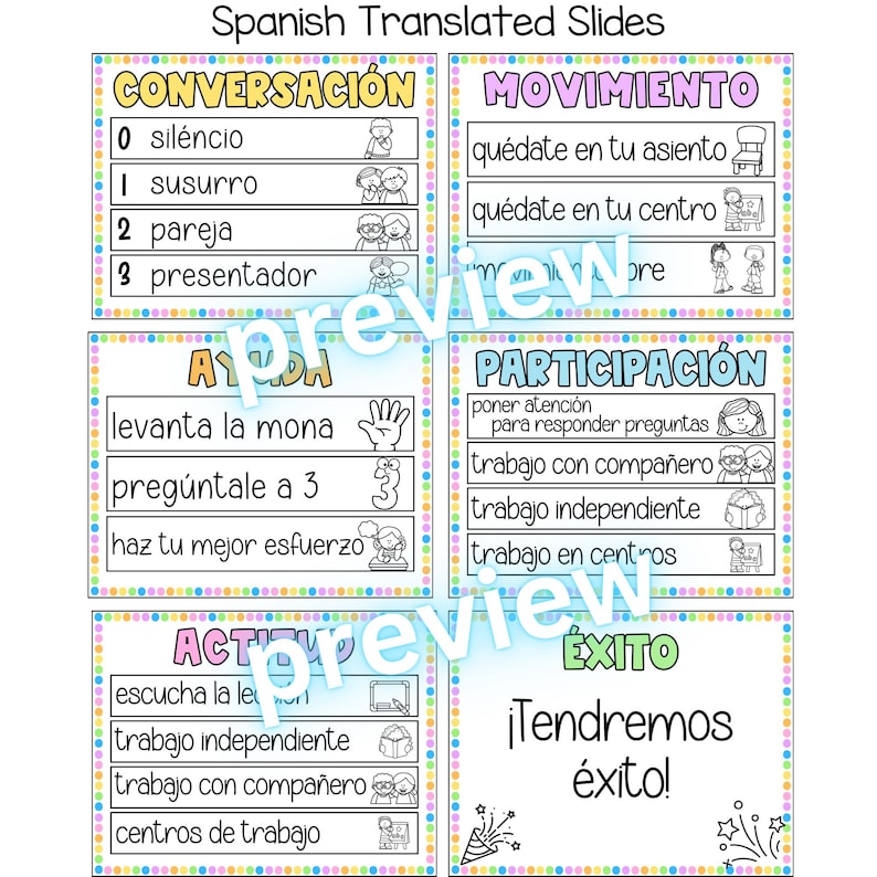 May include: A set of colorful Spanish classroom slides with titles like 'Conversation' and 'Movement'. Each slide features text and simple illustrations, including phrases like 'Raise your hand' and 'Independent work'. The slides are designed for educational use.