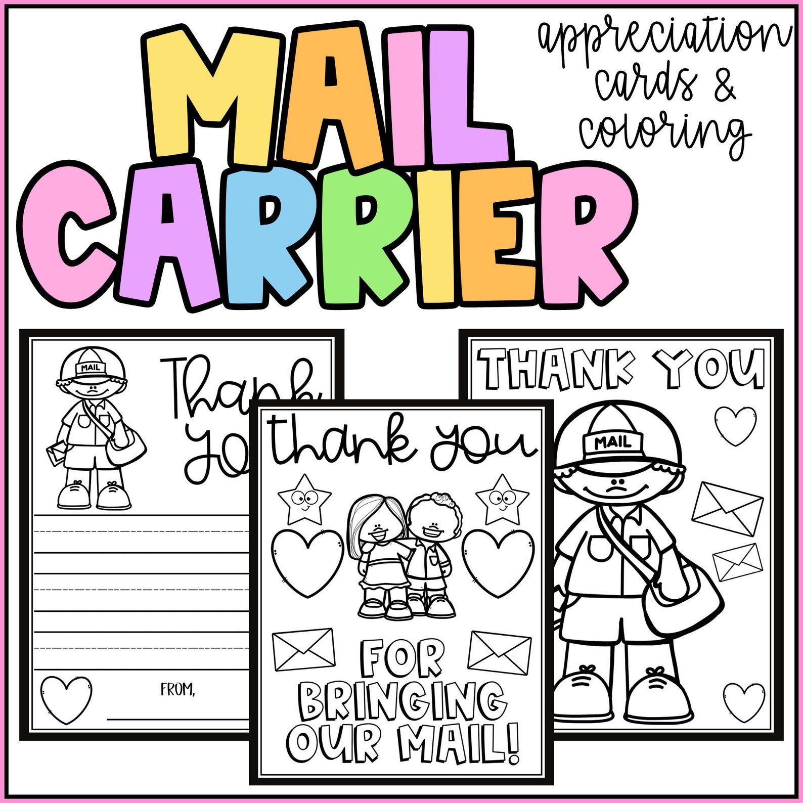 Mailman Card Mail Carrier Mailman- Appreciation Coloring Cards-community Helpers ...