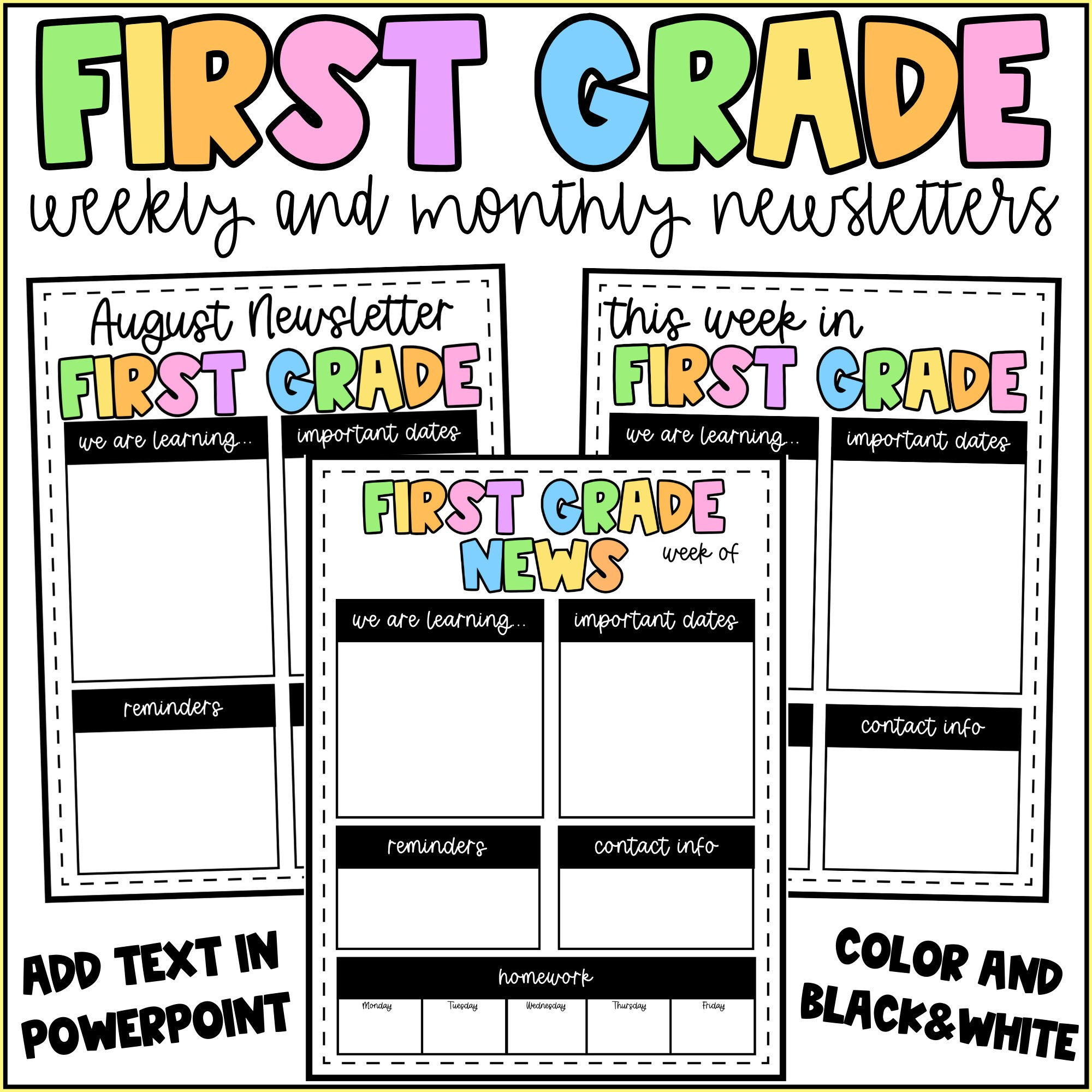 1st Grade Weekly and Monthly Editable Newsletter Template - Colorful ...