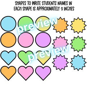May include: A set of 12 colorful shapes for writing student names. The shapes include circles, hearts, and stars. Each shape is approximately 3 inches in size.