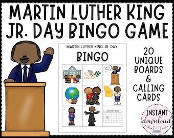 Martin Luther King Jr. Day BINGO Game - 20 Bingo Boards & Calling Cards - Learn About MLK with this fun activity for kids! Instant Download