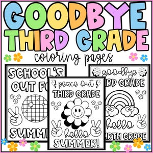 Könnte beinhalten: Drei Schwarzweiß-Malvorlagen im Retro-Stil. Die Seiten zeigen den Text "School's Out For Summer", "Peace Out Third Grade" und "Goodbye Third Grade".