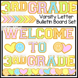 May include: A bulletin board set with the words "3rd Grade" in gold glitter letters with a pink, light blue, and yellow background. The set also includes the words "Welcome to 3rd Grade" in gold glitter letters with a pink, light blue, and yellow background. The set also includes a variety of hearts and smiley faces in pink, light blue, and yellow.